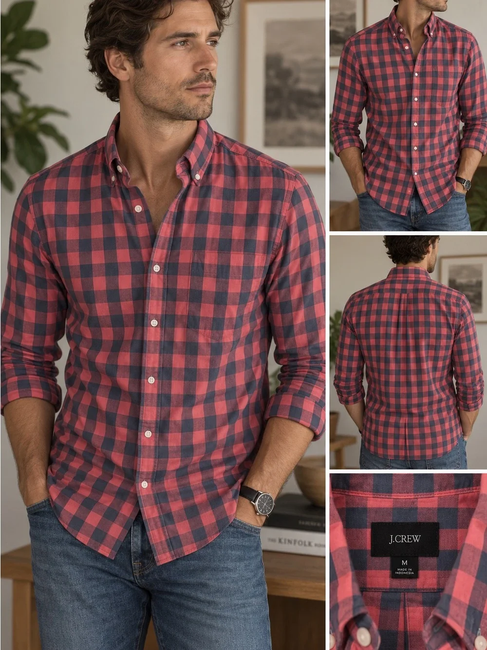 J. Crew Slim Red and Dusty Blue Plaid Button-Down Shirt Button Down Collar
